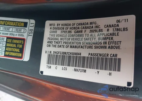 2012 Honda Civic Ex z USA, uszkodzony, nr VIN 2HGFG3B82CH504044